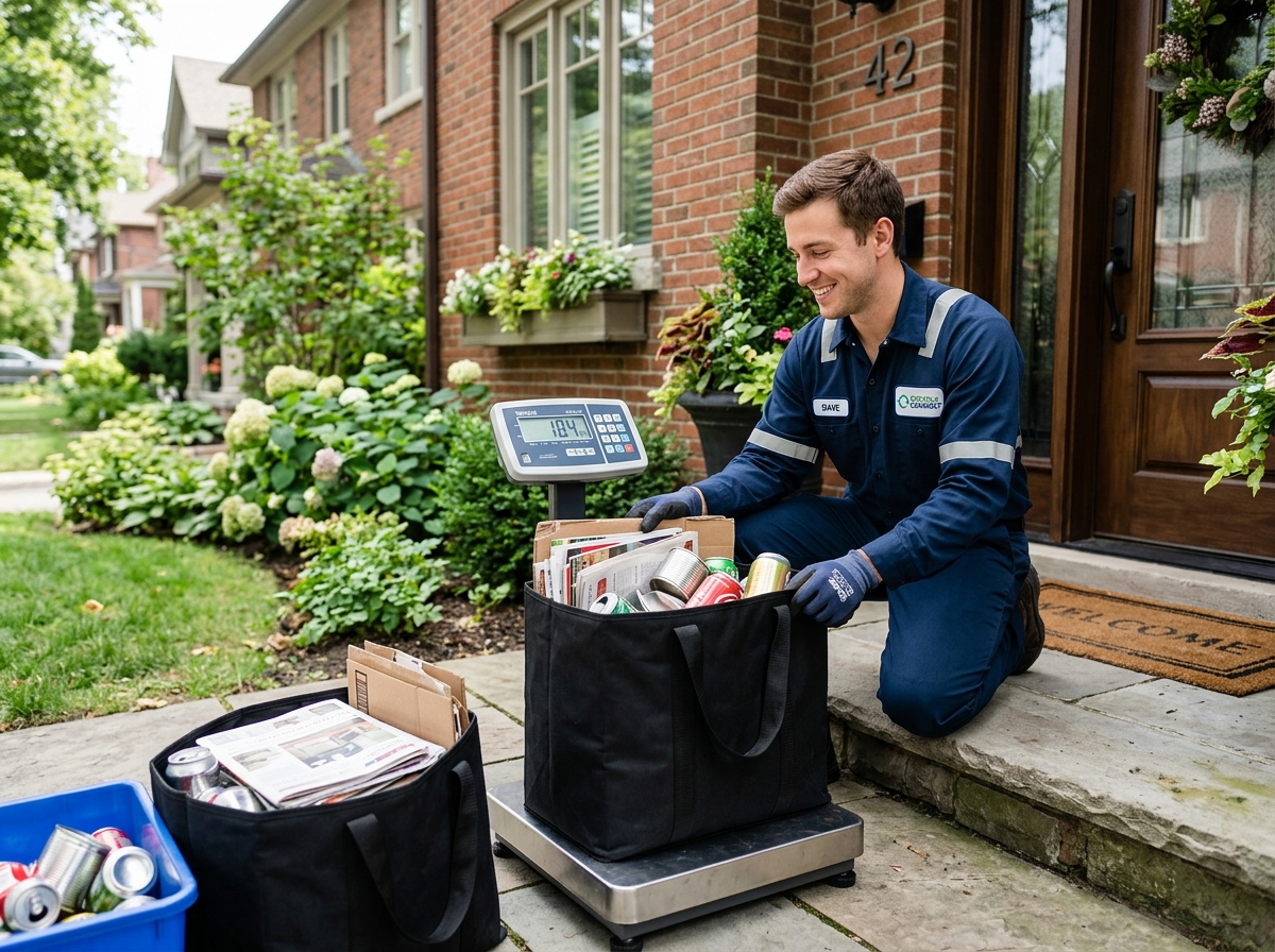 Crew weighs scrap on digital scale at doorstep